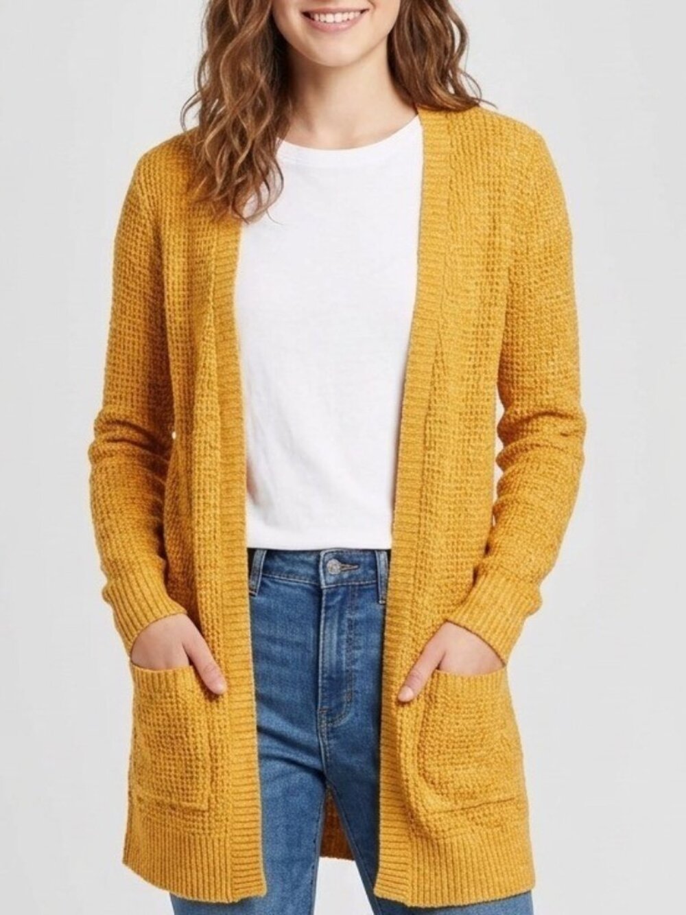 MOSSIMO SUPPLY CO Mustard Yellow Longline Long Sleeve Knit Cardigan Fitted Small